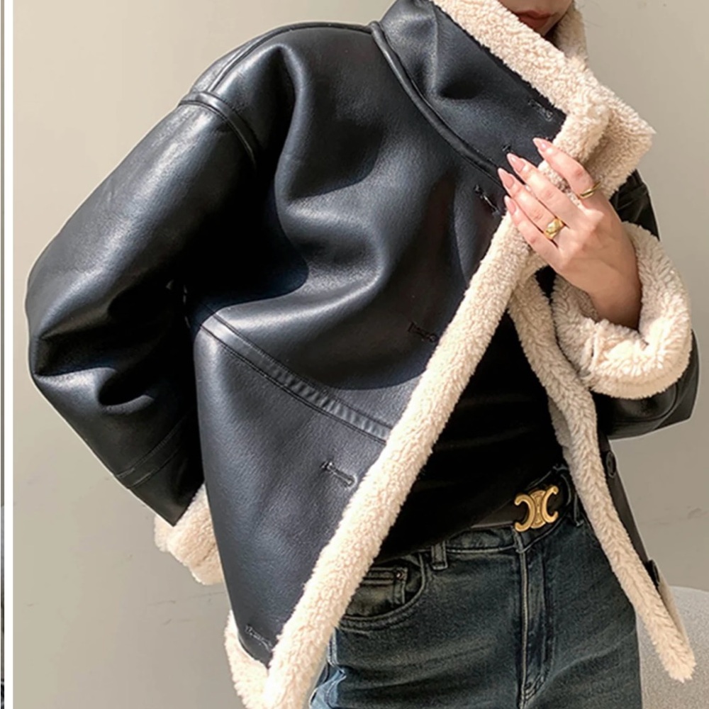 Women's Black and Cream Shearling Jacket